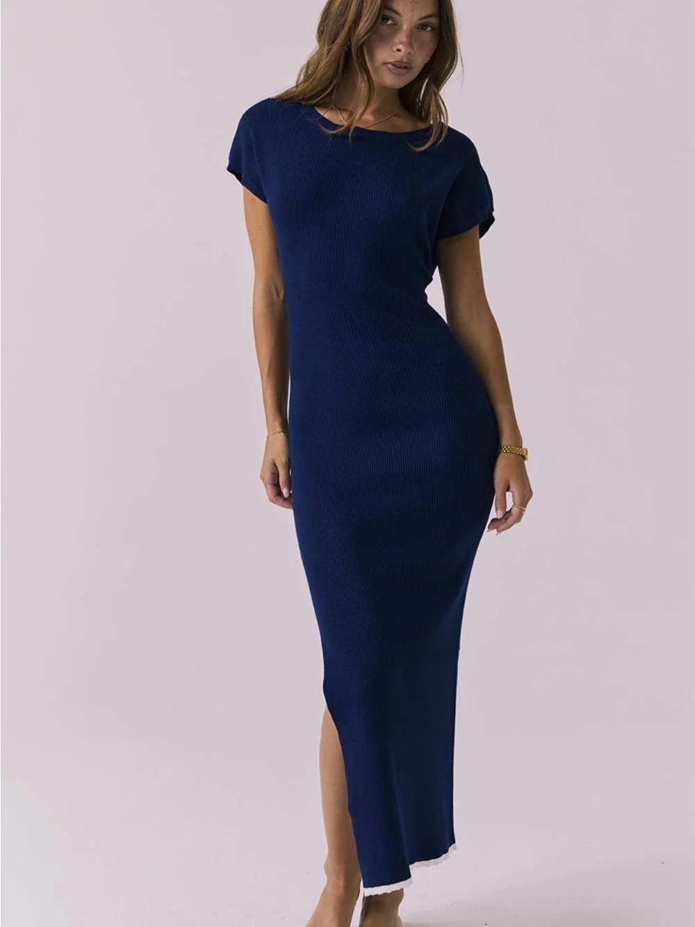 Chaser Navy Ribbed Maxi Dress with Side Slit